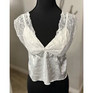 Vintage White Lace Trim Satin‎ V-Neck Camisole Cami Romantic Delicate Size Small